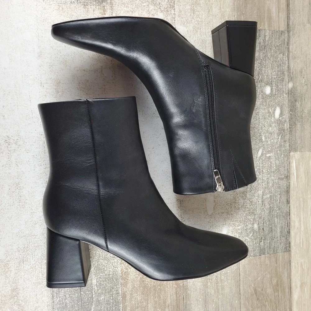 Marc Fisher LTD Floria Womens Boots Sz 6.5 Black Leather Side Zip Block Heel